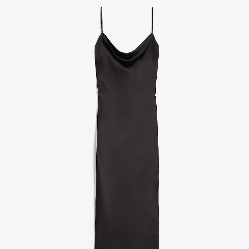 NWT Express Satin Cowl Neck Midi Slip Dress in Black Size Medium Petite